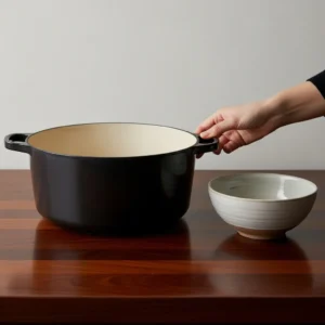 A large Dutch oven pot on a dark wood countertop for making the lasagna meat sauce.