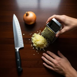 A chef's knife and grater with onion and apple for chicken katsu curry prep.