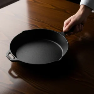 A hand holding the handle of a cast-iron skillet used for cooking Beef Bulgogi.