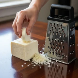 A hand grating a block of mozzarella cheese for the lasagna topping.
