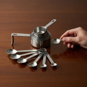 Measuring cups and spoons on a wood table for recipe ingredients.