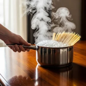 Stainless steel pot cooking spaghetti in boiling water.