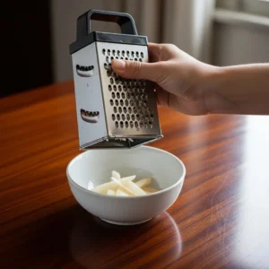 A hand holding a grater over a bowl with shredded Asian pear for the bulgogi marinade.