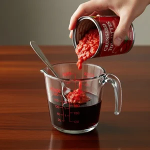 A hand measuring crushed tomatoes and red wine for the lasagna sauce.