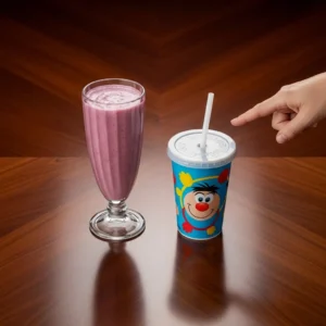 A tall glass and a fun kids' cup for serving a strawberry banana smoothie.
