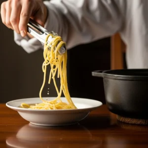Kitchen tongs serving cooked spaghetti from pot to bowl.