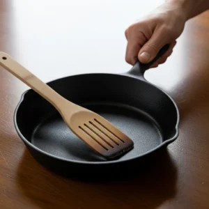 A human hand holding a cast iron skillet with a wooden spatula on a dark wood table.