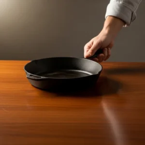 A hand placing a cast iron skillet on a dark wood table.