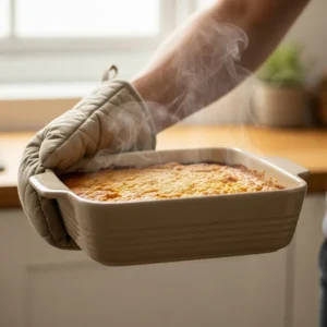 A person holding a 9x9 inch ceramic baking dish for making apple crisp.
