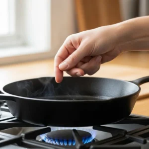 A cast-iron skillet for charring corn placed on a dark wood table.