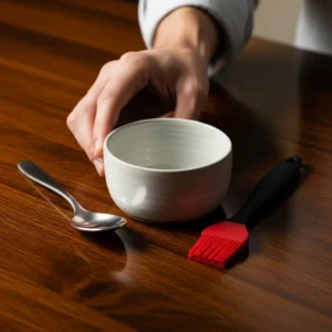 A ceramic bowl and utensils for making the Elotes sauce.