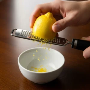 A hand using a microplane to zest a lemon over a small ceramic bowl.