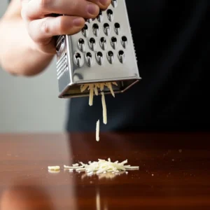A hand holding a cheese grater over a dark wood table.