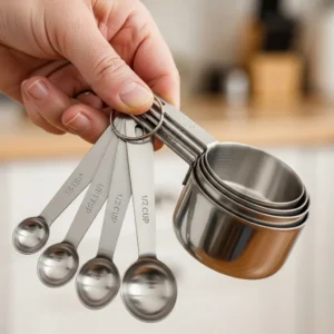 Stainless steel measuring spoons and cups for baking ingredients.