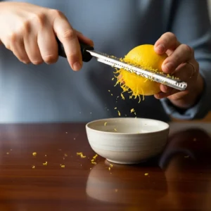 A hand zesting a lemon with a microplane over a small ceramic bowl.