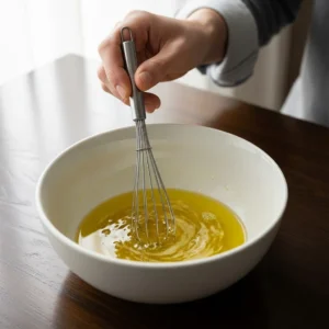 A hand whisking olive oil and lemon juice in a ceramic bowl to make the dressing.