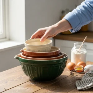 A set of nested ceramic mixing bowls for preparing the filling and topping.