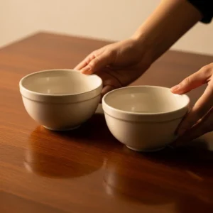 A hand placing ceramic mixing bowls on a dark wood table.