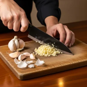 A human hand mincing fresh garlic cloves with a chef's knife on a cutting board.