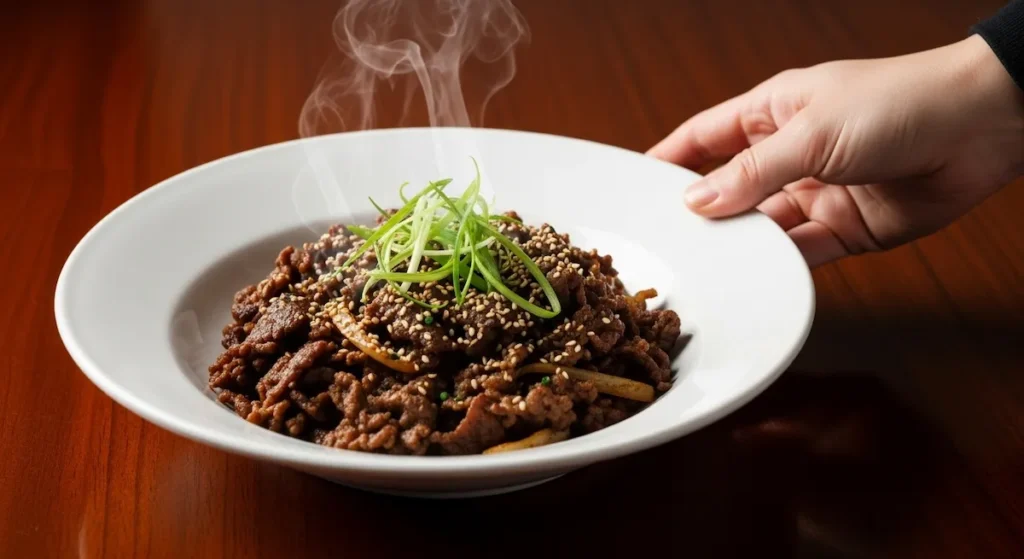 A completed bowl of easy 5-star Beef Bulgogi with steam rising, garnished with green onions and sesame seeds on a dark wood table.