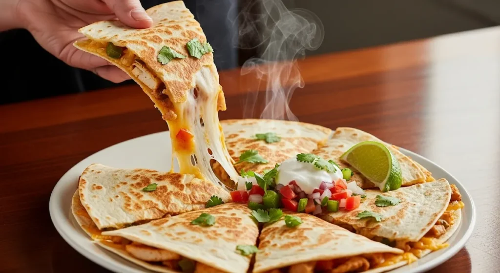 A hand holding a slice of chicken quesadilla with a long, stretchy cheese pull on a dark wood table.