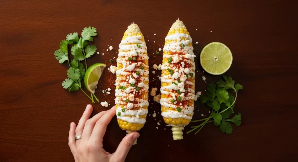 A finished Elotes, or Mexican street corn, topped with creamy yogurt sauce, feta, and paprika on a dark wood table.