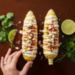 A finished Elotes, or Mexican street corn, topped with creamy yogurt sauce, feta, and paprika on a dark wood table.
