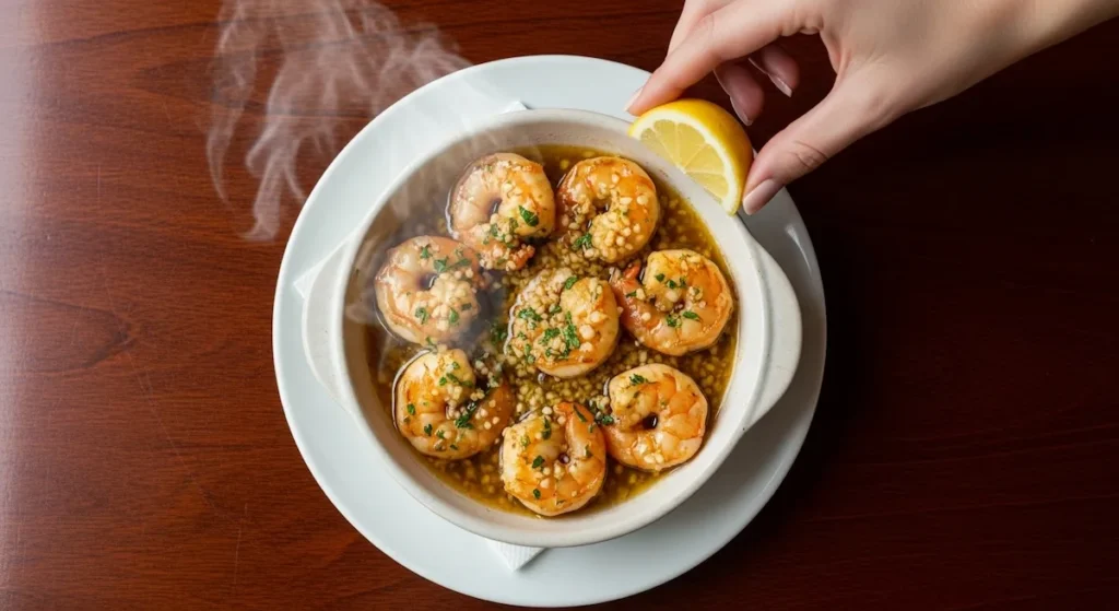 A completed bowl of sizzling garlic butter shrimp with steam rising, garnished with lemon on a dark wood table.