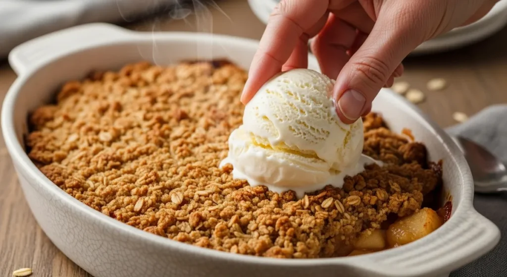 A baked apple crisp with a steaming, golden oat and pecan topping, served with melting vanilla ice cream.