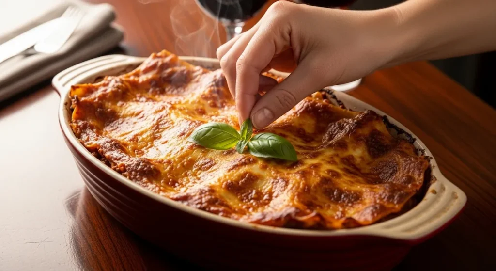 A perfectly baked homemade classic beef lasagna in a ceramic dish with bubbly cheese, fresh basil, and steam rising on a dark wood table.