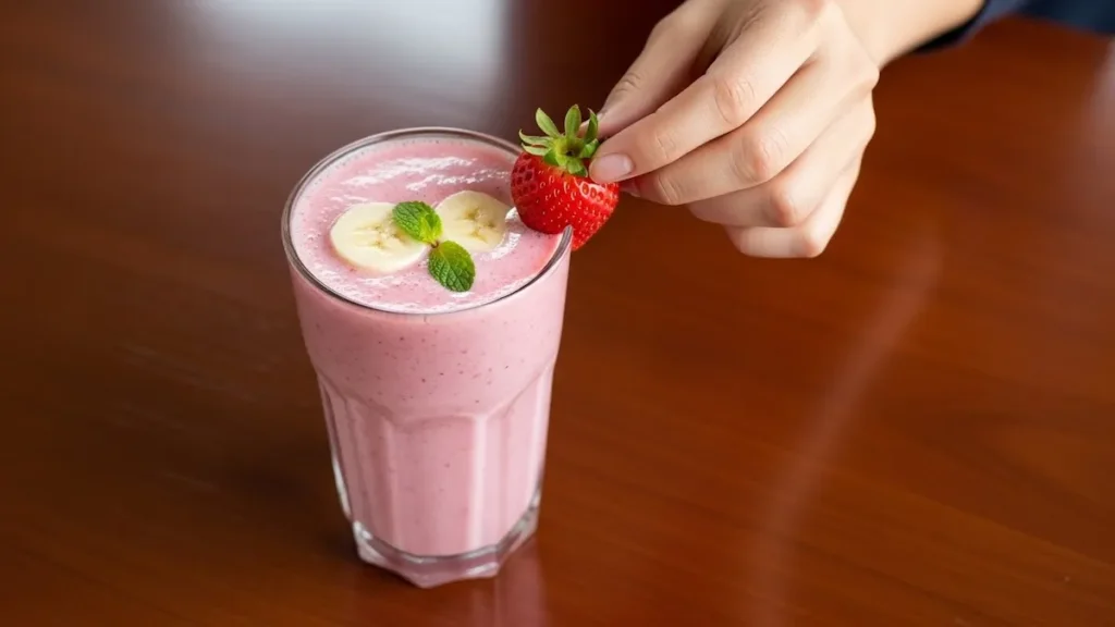 A glass of the best strawberry banana smoothie for kids, with a hand placing a strawberry on the rim.