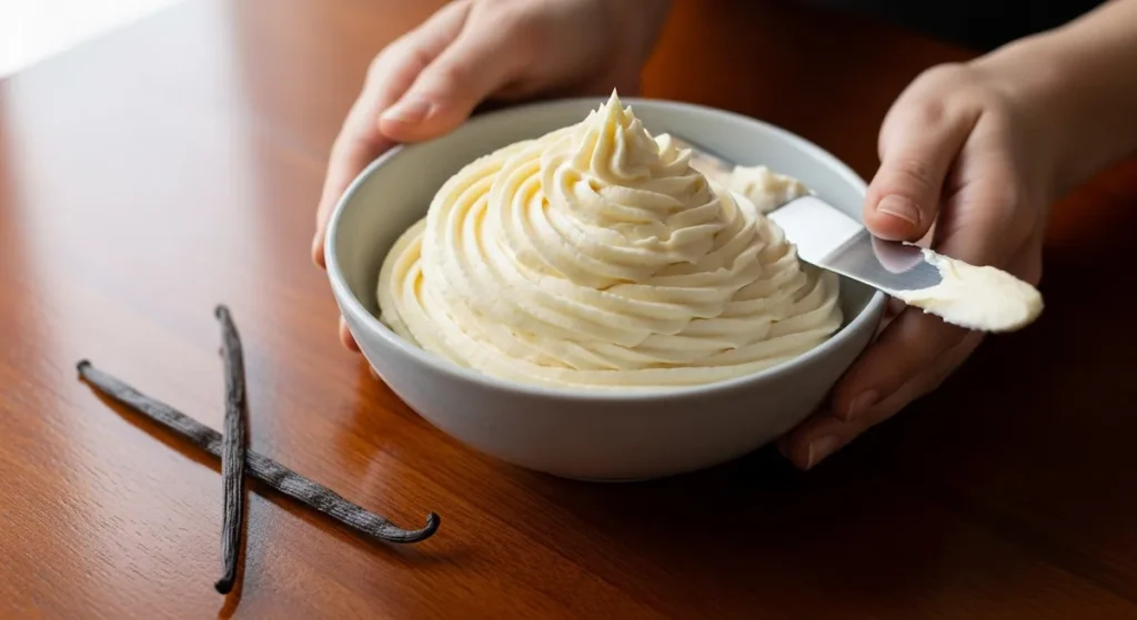 Perfect vanilla buttercream frosting in a ceramic bowl on a dark wood table, ready to frost cakes and cupcakes.