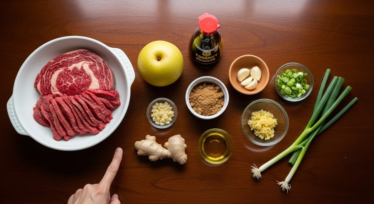 All ingredients for Beef Bulgogi including sliced ribeye, Asian pear, soy sauce, and spices arranged on a dark wood table.