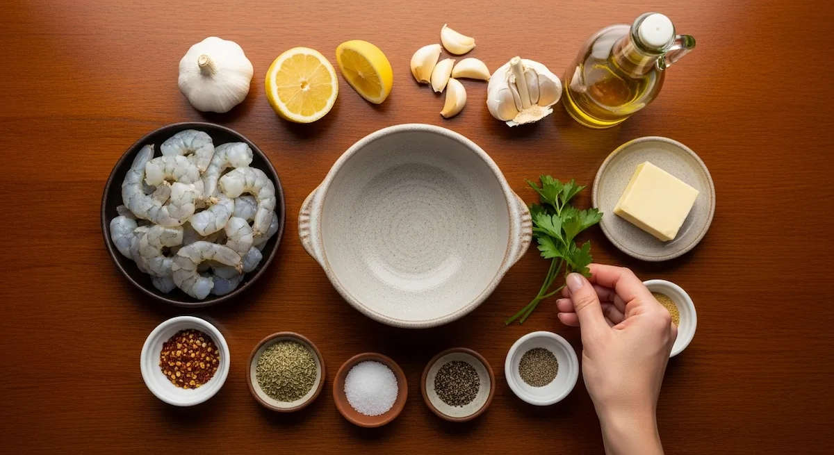 All ingredients for garlic butter shrimp recipe arranged in a flat lay around a ceramic bowl.