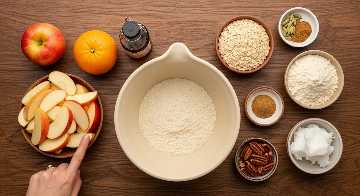 All ingredients for homemade apple crisp arranged around a ceramic bowl on a dark wood table.