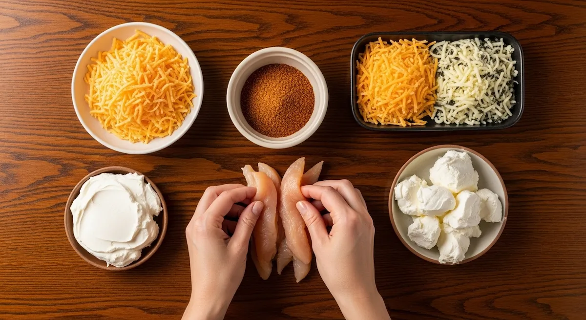 All ingredients for chicken quesadilla laid out on a dark wood table including chicken, cheeses, and seasoning.
