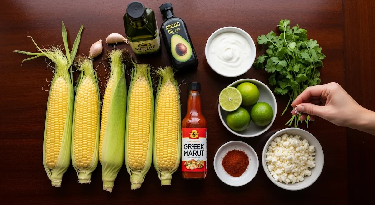 All ingredients for easy Elotes recipe arranged on a dark wood table, including corn, yogurt, feta, and lime.