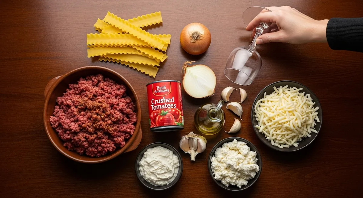 All ingredients for homemade classic beef lasagna arranged on a dark wood table: beef, noodles, tomatoes, cheeses, and herbs.