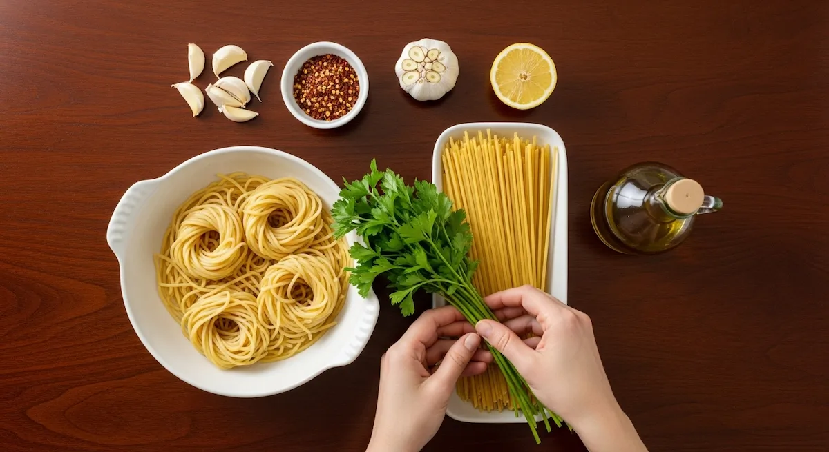 All ingredients for easy spaghetti aglio e olio recipe displayed in a flat lay.