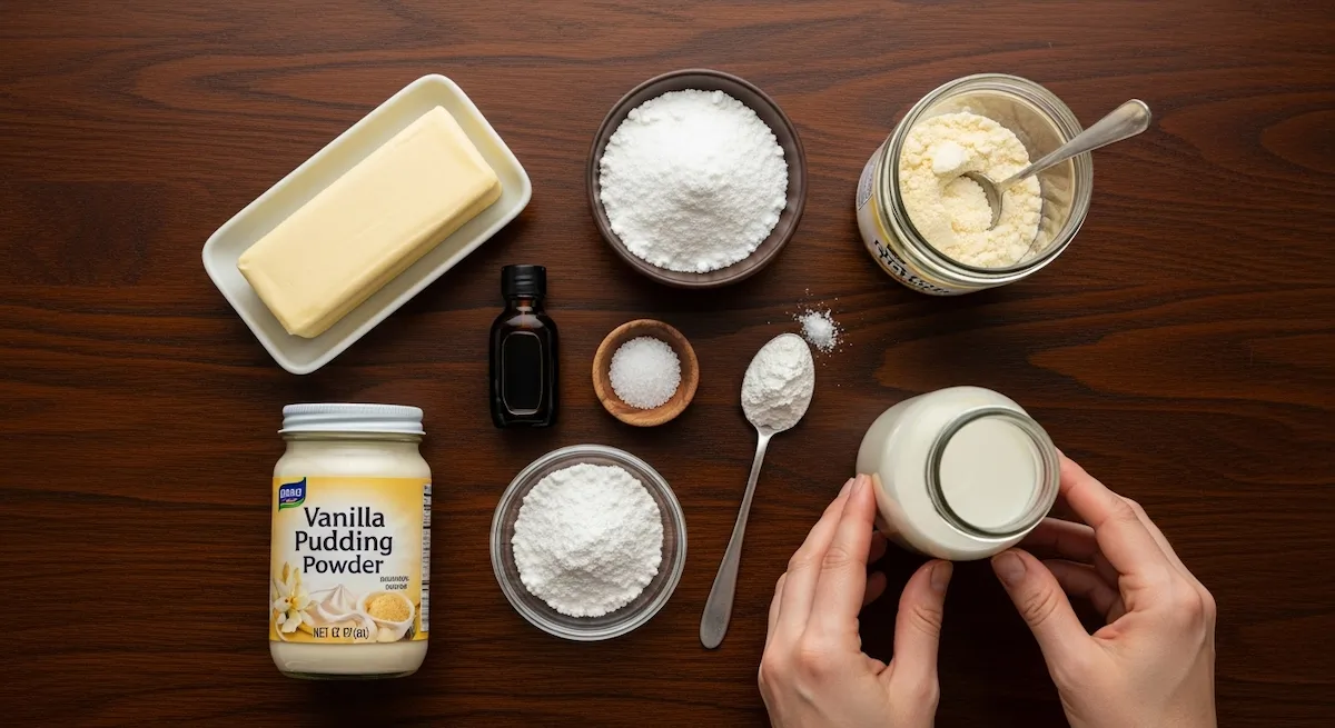 All ingredients for homemade vanilla buttercream arranged neatly on a dark wood table.