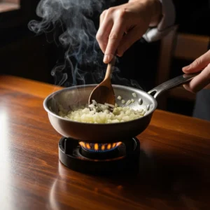 A hand sautéing translucent onions in a pot for katsu curry sauce.