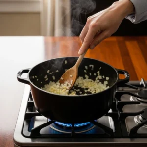 A hand sautéing diced onions and garlic in olive oil in a Dutch oven.