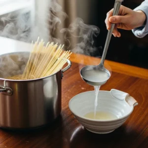 Ladle reserving starchy pasta water for sauce.