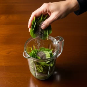 A hand adding chia seeds and spinach to a blender for a nutrition boost.