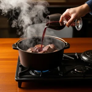 A hand pouring red wine into the browned beef in a Dutch oven.