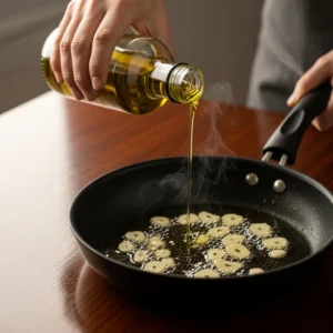 Sliced garlic toasting in golden olive oil in pan.