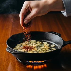 Hand adding red pepper flakes to garlic and oil.