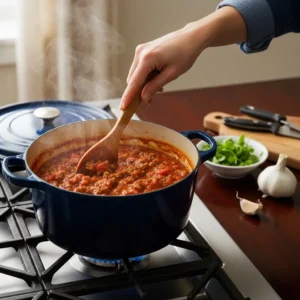 A hand stirring the simmering meat and tomato sauce in a pot.