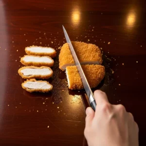 A hand slicing a cooked chicken katsu cutlet against the grain