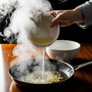 Pouring starchy water into pan creating emulsified sauce.